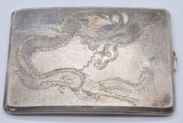 Chinese silver cigarette case with engraved decoration of a dragon with Chinese character marks