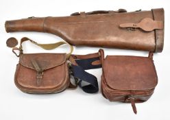 A brown leather leg of mutton shotgun case, 80cm long, together with two similar cartridge bags.