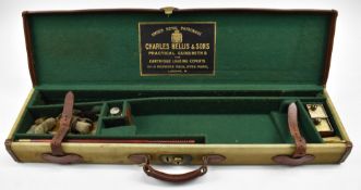 Charles Hellis & Sons leather and canvas bound shotgun case with fitted interior and original