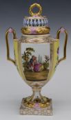 Dresden porcelain twin handled covered pedestal pot pourri decorated with Watteau scenes, H25cm
