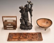 Chinese carved wooden plaque or panel with figural decoration together with a carved figure of an