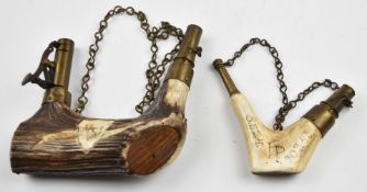Two unusual horn or antler double powder and shot flasks both with brass fittings, one inscribed '