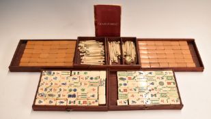 Bone and bamboo mahjong set in drawers, comprising 148 counters, 107 batons, three dice and three