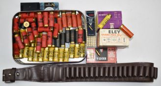 A collection of shotgun and rifle cartridges together with a leather cartridge belt. PLEASE NOTE