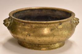 Chinese bronze or brass censer with lion mask handles and impressed six character mark to base, 16cm