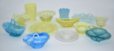 Victorian pressed glass including blue malachite basket, Sowerby etc, tallest 11.5cm