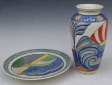 Poole Pottery Art Deco style vase and charger, H26cm