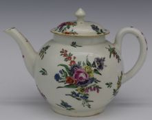An 18thC porcelain teapot and cover decorated with flower sprays, probably Worcester, H12cm