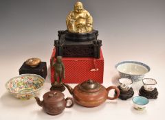 Collection of oriental items including Yixing teapots, enamel wine cups, bronze figure (13cm tall)