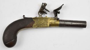 Bond of London flintlock pocket pistol with named and engraved brass lock and frame, folding