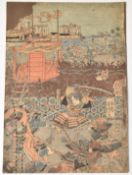 After Yoshitora Japanese woodblock print 'Kajiwara Kagesu at the battle of Suruga AD 1200', 35 x