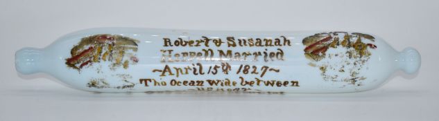 Georgian glass rolling pin with sailing ship decoration and script 'Robert and Susannah Heffell