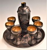 Chinese papier mâché wine or cocktail set with dragon decoration comprising a cocktail shaker, six
