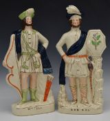 Twelve Staffordshire figures, spill vases and dogs including Scottish interest Rob Roy, piper,