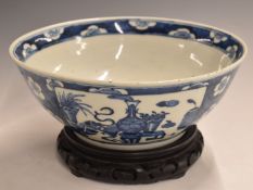 Chinese 19thC pedestal bowl decorated with prunus blossoms, with stand, H12 x diameter 28cm