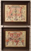 Pair of Chinese embroideries featuring figural scenes, both in carved wooden frames, each 38 x 49cm