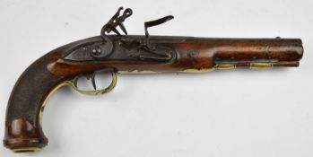 Belgian or French flintlock holster pistol with brass trigger guard, butt cap and mounts, wooden