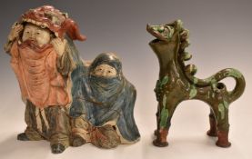 Chinese 19th/ 20thC carved wooden figure of two boys in a dragon costume, together with a Chinese