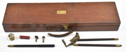 Vintage mahogany and brass shotgun carry case with fitted interior, brass and wooden cleaning rod