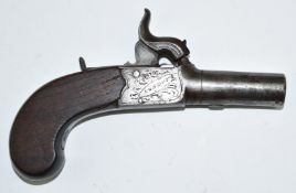 English London made percussion hammer action pocket pistol with engraved lock and hammer, folding