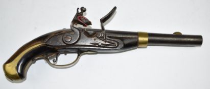 Danish military flintlock Dragoon type holster pistol with brass trigger guard and mounts,