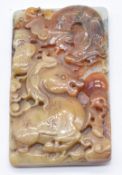 Chinese carved jade / hardstone double sided plaque / pendant decorated with fish, birds and dragon,