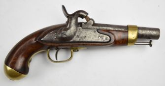 French Gendarmerie percussion hammer action pistol with brass trigger guard and mounts, lock stamped
