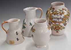 Two Italian tin glazed jars / vases, 'Farigola' and 'R Serpent', together with two jugs, tallest
