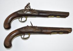 A pair of John Probin flintlock dueling pistols with locks engraved 'J Probin' engraved brass