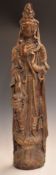 Chinese carved wooden figure of Guanyin with gilt decoration, 64.5cm tall.