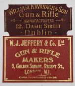 Two gilt embossed leather shotgun case labels 'William Kavanagh & Son Gun & Rifle Manufacturers 12