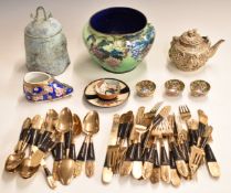 Collection of Chinese and Eastern items including a teapot, Ginbari enamel jardinière, bronze bell