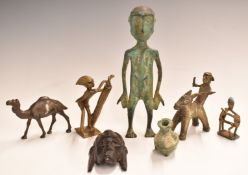 Five African bronze tribal figures together with a carved wooden miniature mask and a pottery