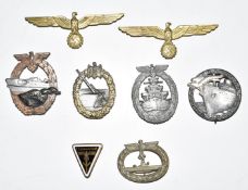 Eight WW2 German Nazi Third Reich badges comprising two eagles for wear on Navy summer tunic, pin