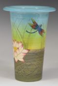 Dennis Chinaworks signed limited edition no 21 flute vase decorated with dragonflies above