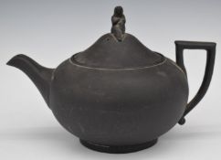 Wedgwood 19thC black basalt teapot with figural lid, H18cm