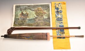 Chinese embroidery on silk (108 x 17cm) together with a signed woodblock, walking stick and parasol