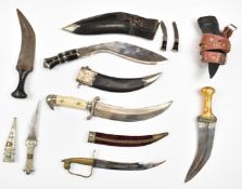 Six knives including kukri with 'made in India' to 30cm blade and sheath, bird's head pommel example