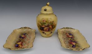 Aynsley Orchard Gold covered vase or ginger jar, H22cm and a pair of twin handled trays, 16 x 22cm