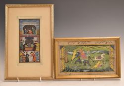Three Persian watercolours, one featuring figures fighting stylised tigers and surrounded by text,