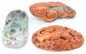 Three Chinese carved jade / hardstone lizard and toad figures, largest 7 x 3.5cm