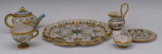 French Quimper style bachelor's tea set on crimped circular tray