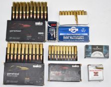 A collection of .22, .222 and .308 rifle cartridges including Sako, Winchester Remington, CCI and