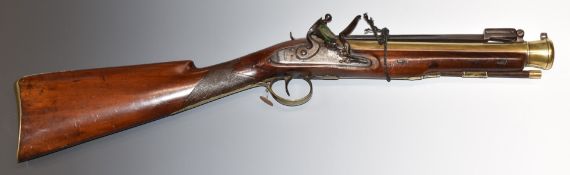 Pinkney & Son flintlock blunderbuss with sprung bayonet, named and engraved lock, engraved brass