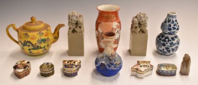Twelve Chinese and Japanese items including cloisonné boxes, 19th/20thC double gourd vase, soapstone