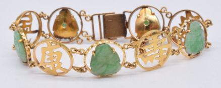 Chinese 14ct gold bracelet set with jade Buddhas