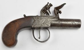 Clark of London flintlock hammer action pocket pistol with named and engraved locks, shaped wooden