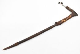 Tribal wire bound and bone handled carved wooden walking or king stick, 85cm long.