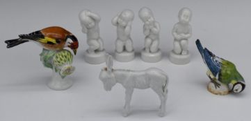 Continental porcelain including two Meissen birds, Meissen donkey, Bing & Grondahl figures,