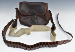 Leather 100 shotgun cartridge bag with canvas strap and a similar 12 bore shotgun cartridge belt.